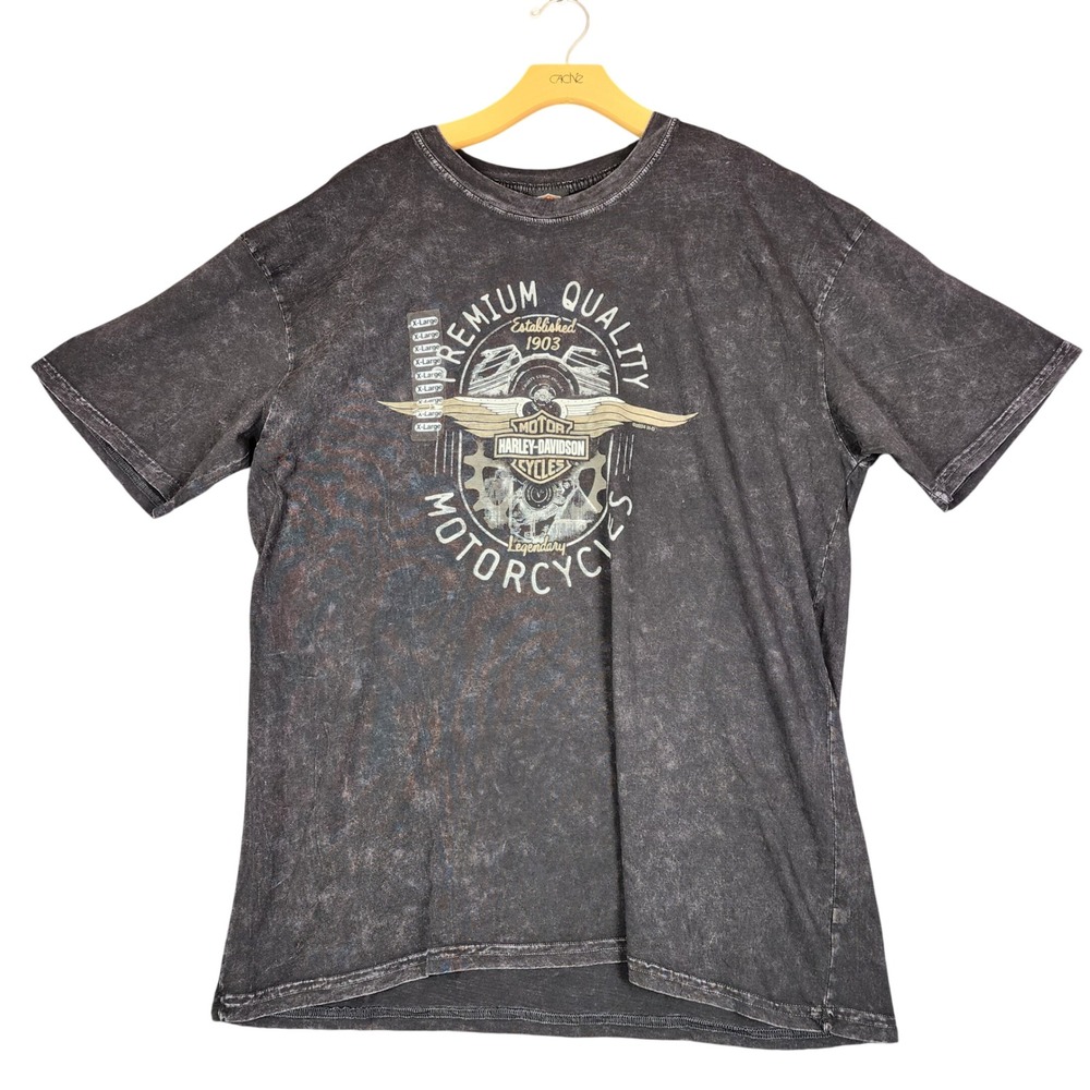 Harley-Davidson Mens XL T-Shirt Black Acid Wash Akron OH Hall of Fame